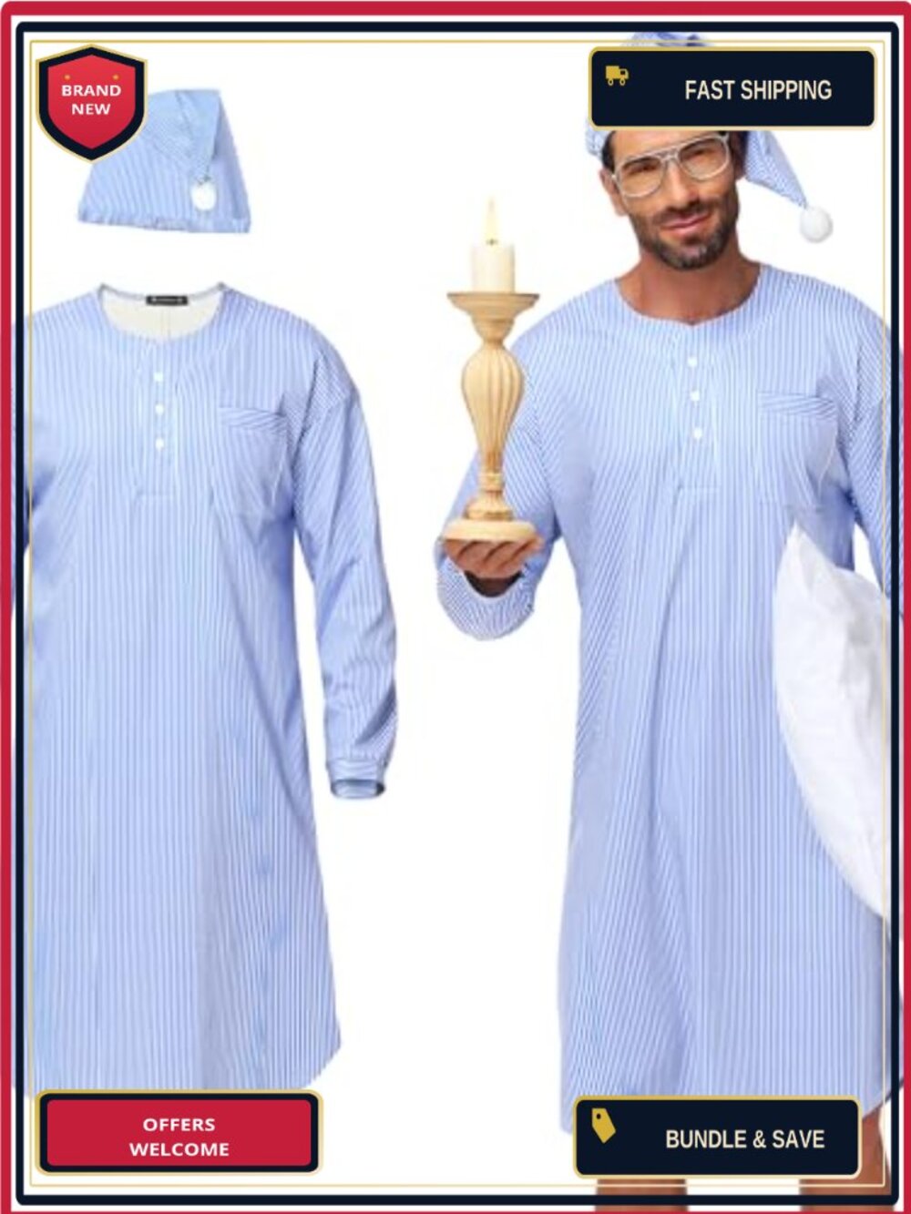 Mens Christmas Nightshirt Costume 2Pc Sleep Cap Sleepy Guy Pajama Set